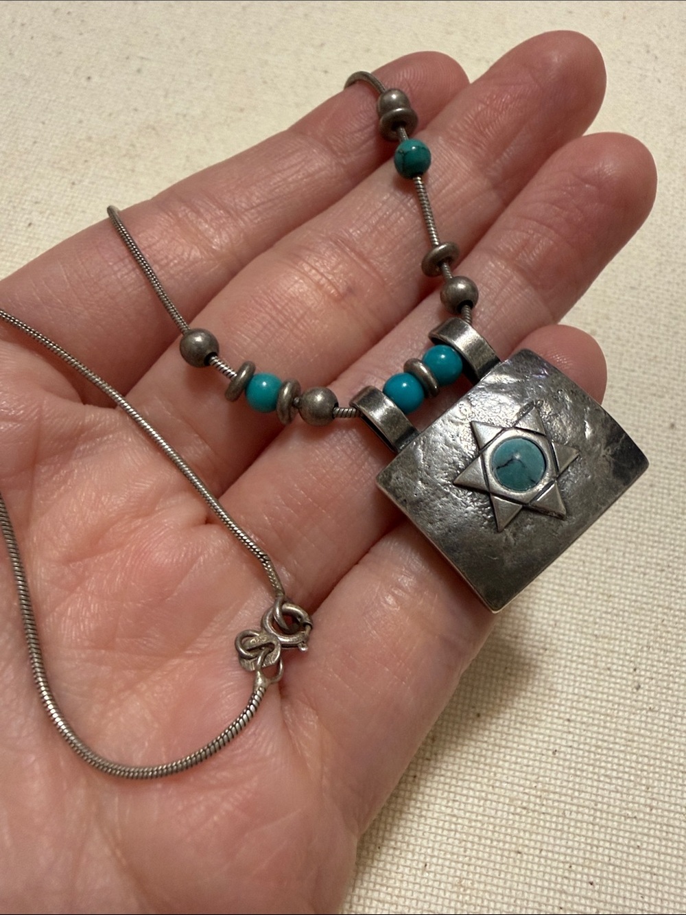 Stunning Sterling Silver 925 Turquoise Star Of David Pendant Necklace 16’ in